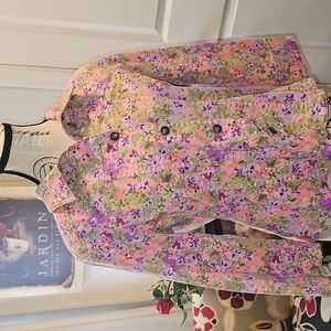Christopher & Banks Pink and Lavender Floral Stretch Jean Jacket, Size M